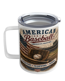 Travel mug with American Baseball design on a white background