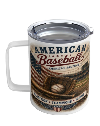 Travel mug with American Baseball design on a white background