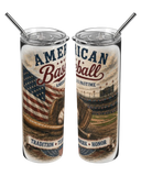 Two tumblers with American Baseball design featuring an American flag and stadium imagery.