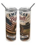 Two tumblers with American Baseball design featuring an American flag, baseball glove, and stadium.
