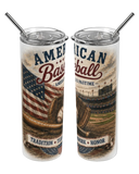 Two tumblers with American Baseball design featuring an American flag and stadium imagery.