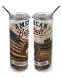 Two tumblers with American Baseball design featuring an American flag and stadium imagery.