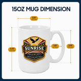 White mug with 'Sunrise' logo and measurements on a white background