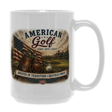 White mug with American Golf branding and graphics on a white background