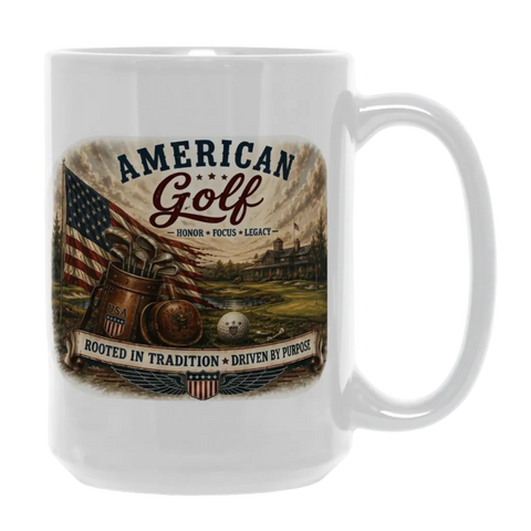 White mug with American Golf branding and graphics on a white background