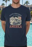 Navy blue t-shirt with 'Happy Birthday to You, America' graphic design worn by a person by a pool.