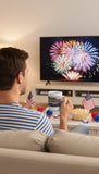 Man watching fireworks on TV while holding a cup in a living room.