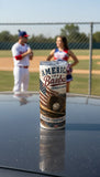 Can of American Baseball beer on a car hood with a baseball player and cheerleader in the background.