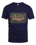 A navy blue short-sleeve t-shirt with a vintage-style patriotic graphic on the chest reading 'AMERICA 250 YEARS OF FREEDOM TEXAS 1776-2026'.
