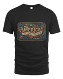 A black short-sleeve crewneck t-shirt featuring a vintage-style graphic on the chest that reads 'AMERICA 250 YEARS OF FREEDOM' with 'TEXAS 1776-2026' and an illustration of a map and eagle.