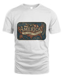 A white short-sleeve crewneck t-shirt featuring a vintage-style patriotic graphic on the chest that reads 'AMERICA 250 YEARS OF FREEDOM TEXAS 1776-2026' with an eagle, map, and distressed blue background.