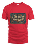 A red short-sleeve crewneck t-shirt featuring a vintage-style graphic print on the chest that reads 'AMERICA 250 YEARS OF FREEDOM TEXAS 1776-2026' with an American flag, eagle, and map design.