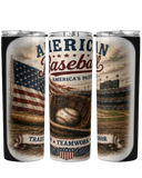 Three tumblers with baseball-themed designs featuring an American flag, glove, and stadium.