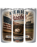 Three tumblers with baseball-themed designs featuring an American flag, glove, ball, and stadium.