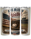 Three tumblers with baseball-themed designs featuring an American flag, glove, and stadium.
