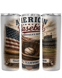 Three tumblers with baseball-themed designs featuring an American flag, glove, and stadium.