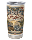 Tumbler with American Fishing design featuring an eagle, fish, and sunset over water.