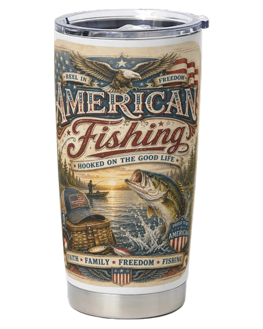 Tumbler with American Fishing design featuring an eagle, fish, and sunset over water.