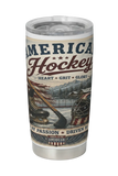 Tumbler with American Hockey design featuring text and hockey-themed graphics on a white background.
