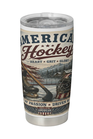Tumbler with American Hockey design featuring text and hockey-themed graphics on a white background.