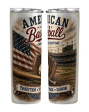 Two tumblers with American baseball-themed design featuring an American flag, stadium, and text.