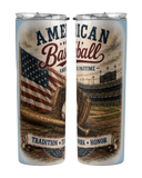 Two tumblers with American baseball-themed design featuring an American flag, stadium, and text.