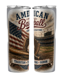 Two tumblers with American baseball-themed design featuring an American flag, stadium, and sports equipment.