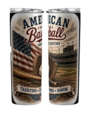 Two tumblers with American baseball-themed design featuring an American flag, stadium, and text.
