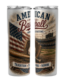 Two tumblers with American baseball-themed design featuring an American flag, glove, and stadium.