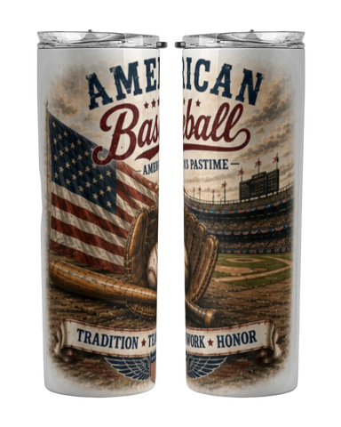 Two tumblers with American baseball-themed design featuring an American flag, glove, and stadium.