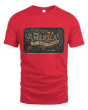 Red t-shirt with 'America 250 Years of Freedom' graphic on a white background