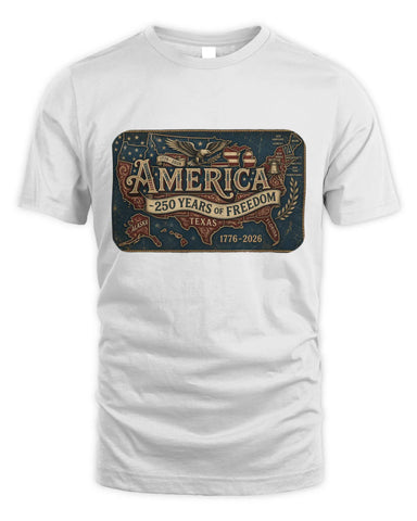 White t-shirt with 'America 250 Years of Freedom' graphic design on a white background