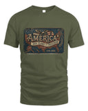 Green t-shirt with 'America 250 Years of Freedom' graphic on a white background