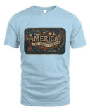 Light blue t-shirt with 'America 250 Years of Freedom' graphic on a white background