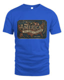 Blue t-shirt with 'America 250 Years of Freedom' graphic on a white background