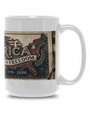 White mug with 'America of Freedom' design on a white background