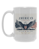 White mug with American Heritage design featuring an eagle and flag 