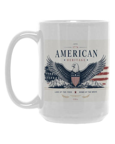 White mug with American Heritage design featuring an eagle and flag 
