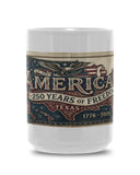 White mug with 'America 250 Years of Freedom' design on a white background