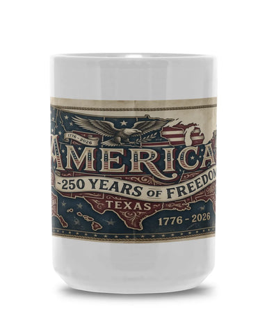 White mug with 'America 250 Years of Freedom' design on a white background