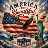 American flag with bald eagle, Statue of Liberty, and text 'America the Beautiful' on a scenic background.