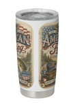 Tumbler with American-themed design featuring text and graphics on a white background