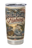 Tumbler with American fishing-themed design featuring an eagle, fish, and sunset.