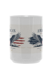 White mug with American-themed design featuring eagles and flags on a white background