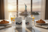 White mug with American Heritage design featuring an eagle and flag on a white background