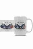 Mug with 'The American Heritage' design featuring an eagle and flag on a white background