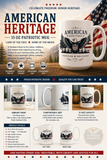 American Heritage mug with eagle design on a wooden surface, featuring American flag in the background.