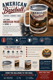 American Baseball-themed mug with branding and product details on a wooden surface.