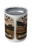 Tumbler with American baseball design featuring an American flag and stadium imagery on a white background.