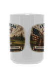White mug with American Golf graphics and text on a white background